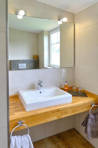 a bathroom with a white sink and a mirror at Landhäuschen Anderswo in Bocholt