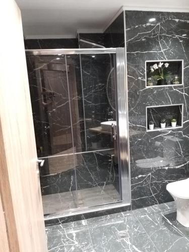 a bathroom with a glass shower with a toilet at Amazing Apartments @ Monastiraki Subway Station in Athens