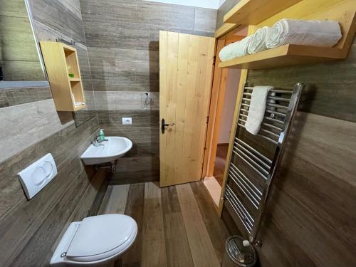 a bathroom with a toilet and a sink and a bunk bed at Baresha Agroturizem in Gradiskije