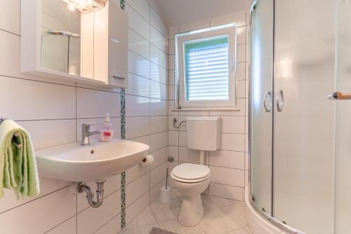 a bathroom with a sink and a toilet and a shower at Apartmani Cres in Cres