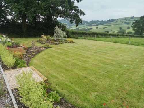a garden with a large lawn and some flowers at The Cosy Cowshed in Axminster