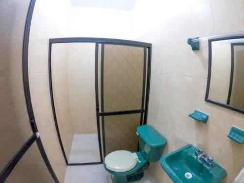 a bathroom with a green toilet and a sink at Hotel Saja in Ciudad Valles