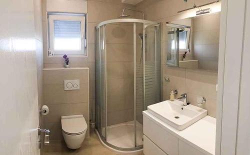 een badkamer met een douche, een toilet en een wastafel bij Apartment in Ljubac/Zadar Riviera 31380 in Ljubač