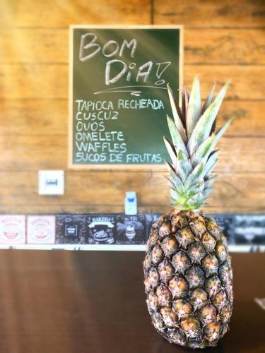 a pineapple sitting in front of a sign at Pousada Oasis Paracuru in Paracuru