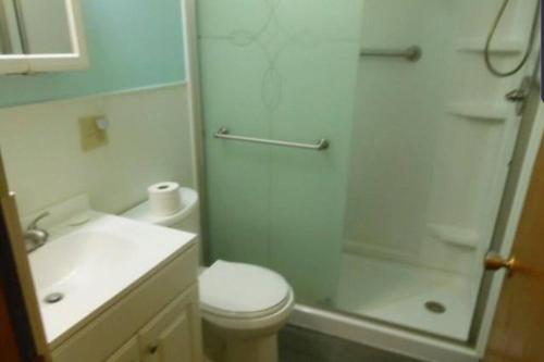 y baño con ducha, aseo y lavamanos. en Nice and cozy home for a business or family stay., en Johnstown