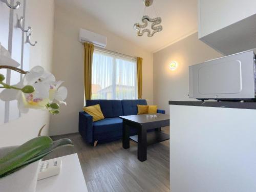 een woonkamer met een blauwe bank en een tv bij Royal Resident in Druskininkai
