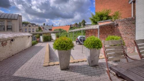three vases with plants in them on a brick walkway at Hotel St James in Mons