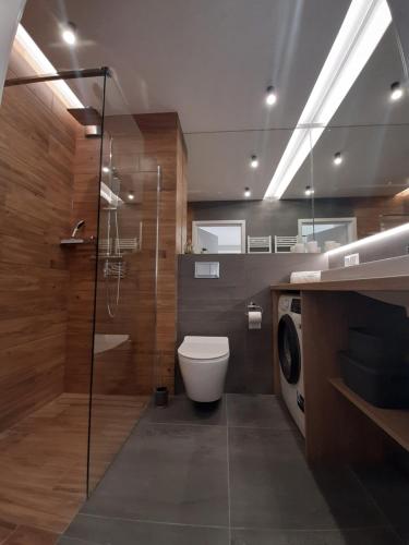 łazienka z toaletą i przeszklonym prysznicem w obiekcie Apartamenty Marzeń w Grzybowie