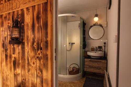 斯洛維尼亞比斯特里察的住宿－Panorama Glamping Visole，带淋浴和盥洗盆的浴室