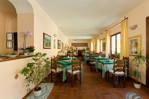 un restaurante con mesas verdes, sillas y plantas en Hotel Moderno en Santa Teresa Gallura