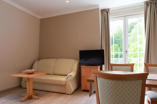 a living room with a couch and a tv at Hofgut Langenborn Wohnen auf Zeit möblierte Apartments Aschaffenburg Alzenau Frankfurt in Schöllkrippen