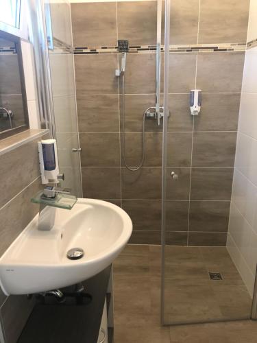 a bathroom with a sink and a shower at Asiatisches Landhaus in Braunsbedra