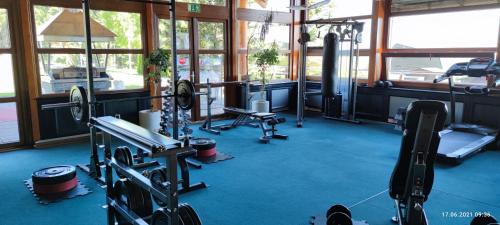 a gym with treadmills and machines in a room with windows at Rezidence Klínovec in Loučná pod Klínovcem