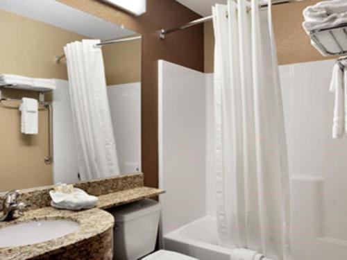 a bathroom with a shower curtain and a sink and a tub at Microtel Inn & Suites Mansfield PA in Mansfield