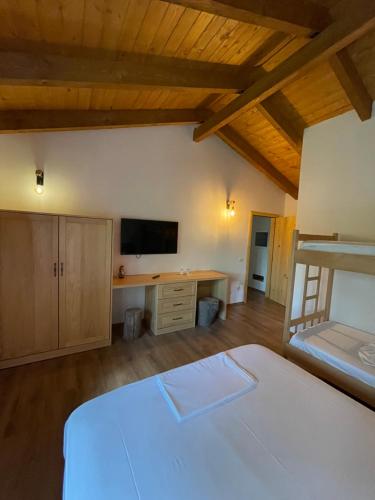 a bedroom with a bed and a desk with a television at Baresha Agroturizem in Gradiskije