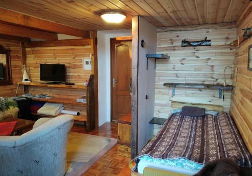 a living room with a bed in the corner of a cabin at Apartman Tri Duby Tatranská Lomnica in Tatranská Lomnica
