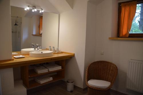 a bathroom with a sink and a mirror and a chair at Schloss Greillenstein in Wutzendorf
