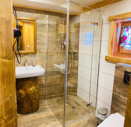 a bathroom with a shower and a sink at Zrub Niki in Ždiar