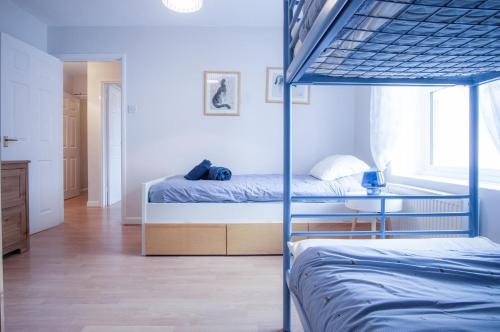 a bedroom with two beds and a blue bunk bed at Starfish Apartment - 2 Bedroom Apartment - Tenby in Tenby