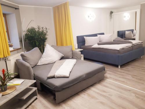 un soggiorno con 2 letti e un divano di 4 Sterne - Fewo zur Fliegerbank- in der Rhön a Frauenroth