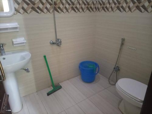 Midway Lodges Neelum Valley في Nīlam: حمام مع حوض ومرحاض ودلال