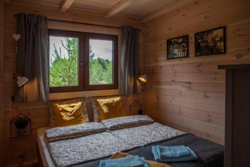 1 dormitorio con cama y ventana en Domki Letniskowe Swornegacie - grill klimatyzacja WiFi monitoring en Swornegacie 