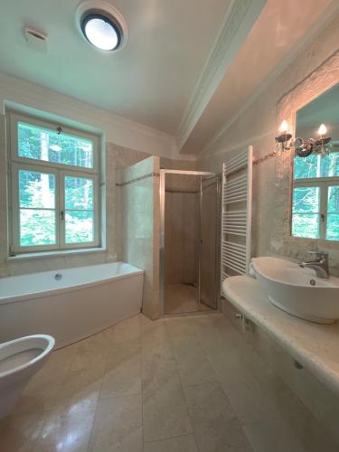 a bathroom with two sinks and a tub and a shower at Gold Residence in Mariánské Lázně