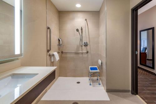 a bathroom with a tub and a shower with a chair at Comfort Suites Broomfield-Boulder-Interlocken in Broomfield