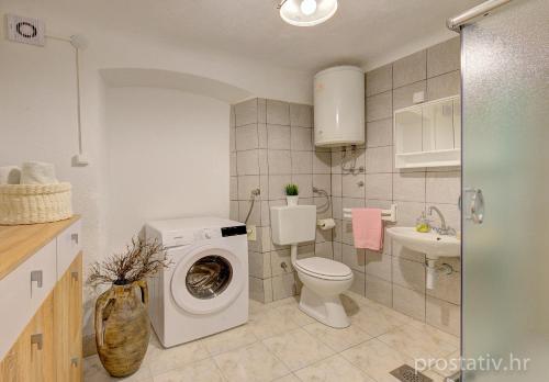 a bathroom with a washing machine and a toilet at Apartment Seka Oldtown in Senj