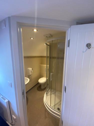 a bathroom with a glass shower and a toilet at The King and Queen in West Malling