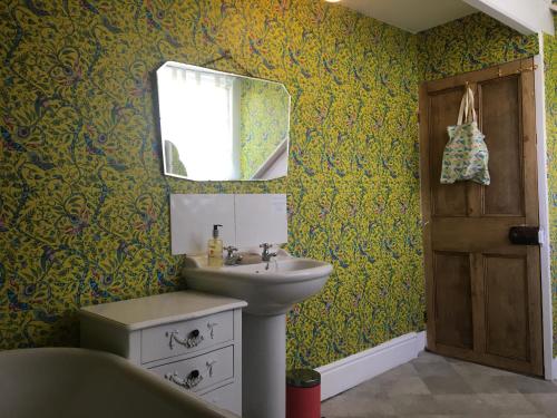 a bathroom with a sink and a mirror at Newberry Beach lodge in Combe Martin
