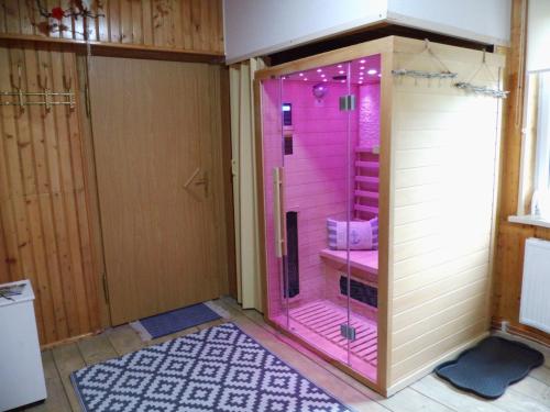 a bathroom with a pink shower in a room at Rosentraum in Hain