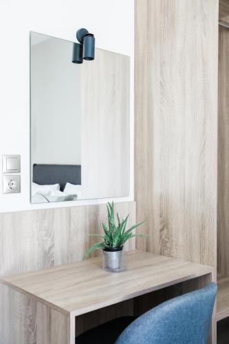 a wooden table with a potted plant on top of a mirror at Comodo in Nydri