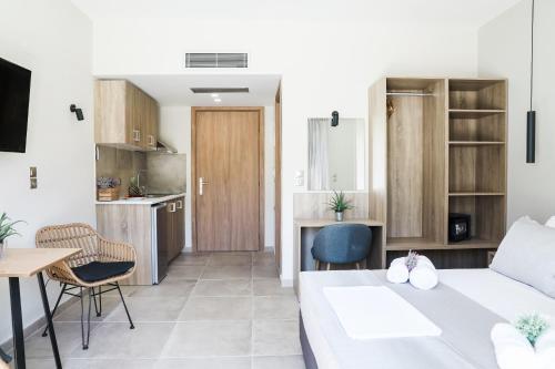 um apartamento estúdio com uma cozinha e uma sala de estar em Comodo em Nydri