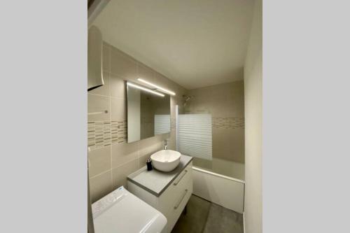 W białej łazience znajduje się umywalka i lustro. w obiekcie Appartement chaleureux - pied des pistes w mieście Corrençon-en-Vercors