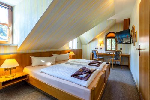 een slaapkamer met een bed, een bureau en een televisie bij Hotel zur Post in Schönheide