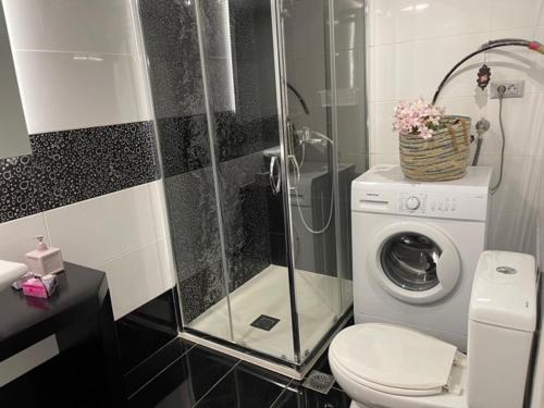 a bathroom with a shower and a washing machine at "Stalia" beach house in Vári