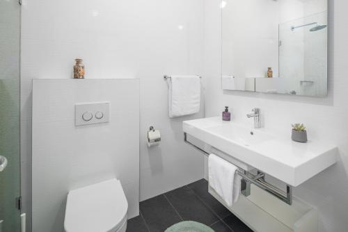 a white bathroom with a toilet and a sink at Maj Premium Residence in Poreč
