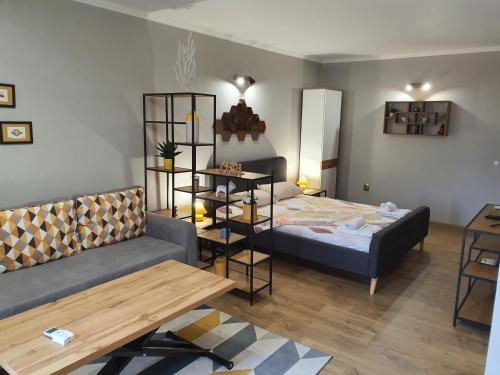 um quarto com uma cama, um sofá e uma mesa em Sozopol Apartments "DIVA" em Sozopol