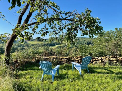 two blue and white chairs sitting in the grass at La Belle Petite Ferme Rosiers de Julliac 19350 in Les Bos