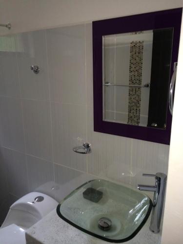 a bathroom with a sink and a toilet and a mirror at Arizona Ranch Hotel in Girardot