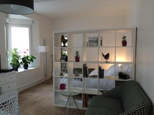 una sala de estar con estanterías blancas con macetas en LE NID DES HALLES, au cœur du Boulingrin, en Reims