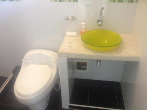 a bathroom with a white toilet and a green sink at Arizona Ranch Hotel in Girardot