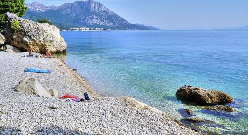 a group of people laying on a rocky beach near the water at Casa Viter Zaostrog in Zaostrog
