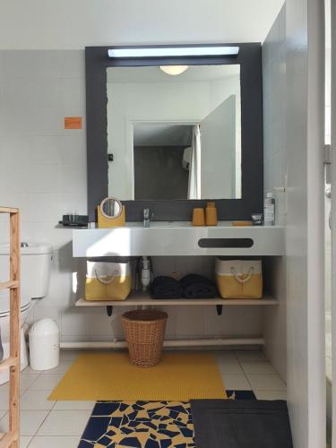 a bathroom with a sink and a mirror at Le Petit Manganao in Saint-François