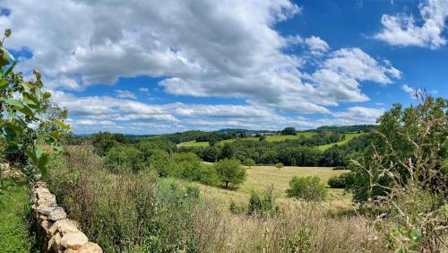a view of a field with trees and a cloudy sky at La Belle Petite Ferme Rosiers de Julliac 19350 in Les Bos