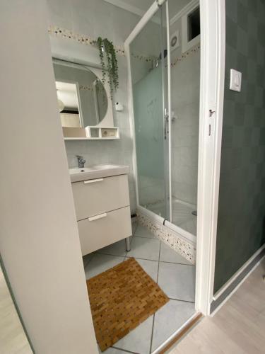 a bathroom with a shower and a sink and a mirror at Détente en plein coeur du Tréport ! in Le Tréport