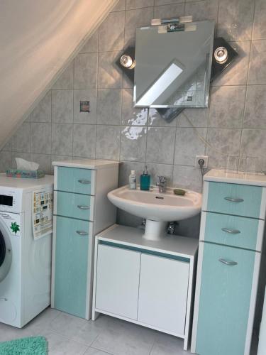 a bathroom with a sink and a washing machine at Ferienhaus Mücheln in Mücheln