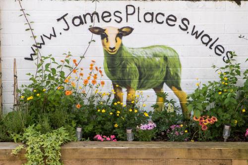 a mural of a sheep on the side of a wall at James’ Place @ Bike Park Wales and The Brecon Beacons in Merthyr Tydfil