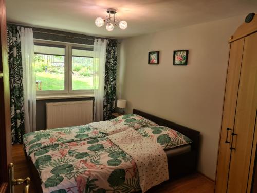 a bedroom with a bed and a window at Apartament pod wieżą Sky Walk in Świeradów-Zdrój